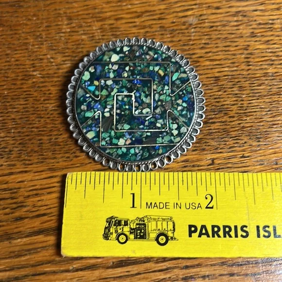 Vintage Sterling Silver Taxco Mexico Turquoise & Lapis Inlay Brooch Pendant - Picture 16 of 17